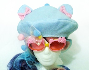 Bear Beret | Pastel kei accessories,Kawaii hat,Pastel hat,Fairycore hat,Blue Beret,Bow Beret,Pink Beret,Bear Hat, Pastel Beret, Fairykei hat