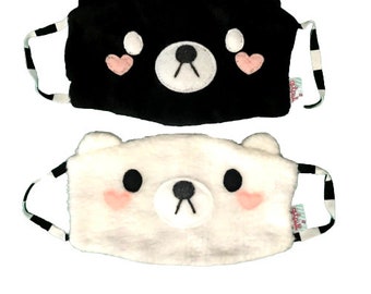 Black & White Fuzzy Bear Mask | Face Mask,Kawaii Face Mask,Cute face mask,fairy kei fashion, cosplay mask, japanese fashion mask,animal mask