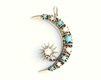 Vintage Mid-Century Pearl and Turquoise Crescent Moon Pendant in 14K Gold