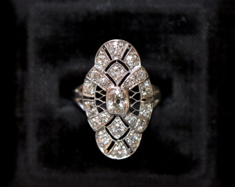 SUPERB Antique Diamond Dinner Cocktail Statement Platinum Elongated Old Mine Cut OMC Panel Filigree Luna Merchant - The Showstopper Ring