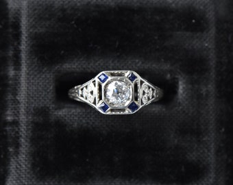 Art Deco Diamond and Sapphire Ring in 18K White Gold