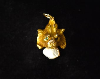 Antique 14K Lion Mythical Creature Emerald Eyes Baroque Pearl Stick Pin Conversion 14ct Gold Luna Merchant - The Woodland Mythic Pendant