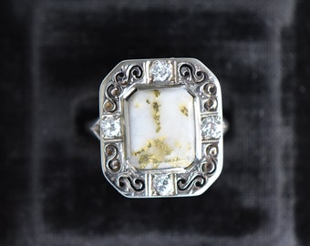 Antique Art Deco Gold-in-Quartz 14K Diamond Scroll Filigree White Gold Panel Statement Dinner, 14ct Luna Merchant - The Gold-in-Quartz Ring