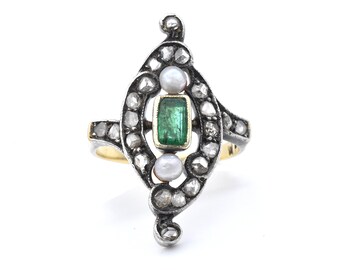 Georgian Emerald, Diamond and Pearl Swirl Ring in 14K Gold and Silver