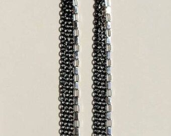 Bright silver box chain with thin black chain 3.75 inch long mixed metal shoulder duster earrings on hypoallergenic 925 sterling silver hook