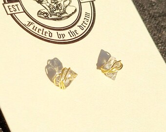Herkimer diamond wrapped in gold wire hypoallergenic stainless steel stud earrings
