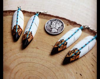 Feather Earrings - Hand Carved & Painted - Bone - sterling silver wires - Gift for Her - FREE SHIPPING