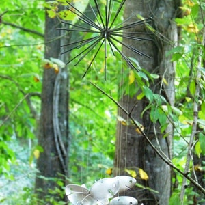 Quirky Metal Starburst & Spoon Fish Wind chime, Rustic Distressed Metal Kinetic Art, Unique Garden Musical Decoration, Outdoor indoor Chime