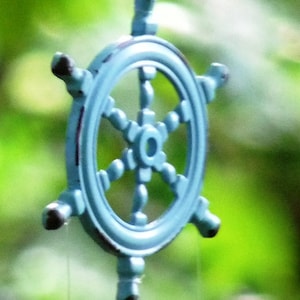 Aqua Marine Rustic Metal Ship Wheel & Spoon Fish Windchime-Marine Metal Madness-Shipping Helm Mobile-Upcycled Spoon Art-Kinetic Wind Spinner