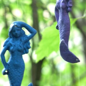 Every Girls Fantasy-Purple and Blue Sea Sirens-Cast Iron Metal Mermaids-Spoon Fish Wind Chimes-Glitter-Sparkle-Fantasy-Nautical Decoration