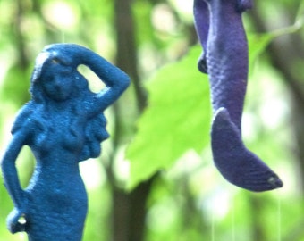 Toutes les filles fantaisie-violet et bleu mer sirènes-fonte métal sirènes-cuillère poisson carillons éoliens-paillettes-étincelles-fantastique-décoration nautique