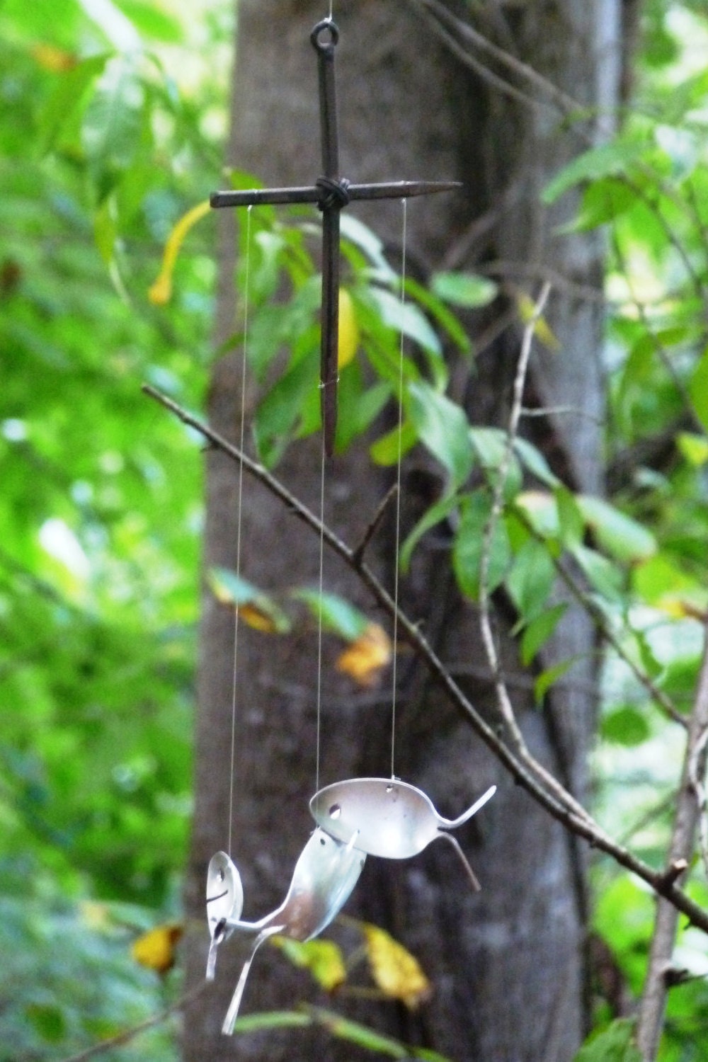 Rustic Cast Iron Nail Cross & Spoon Fish Wind Chime-grandpa Gift