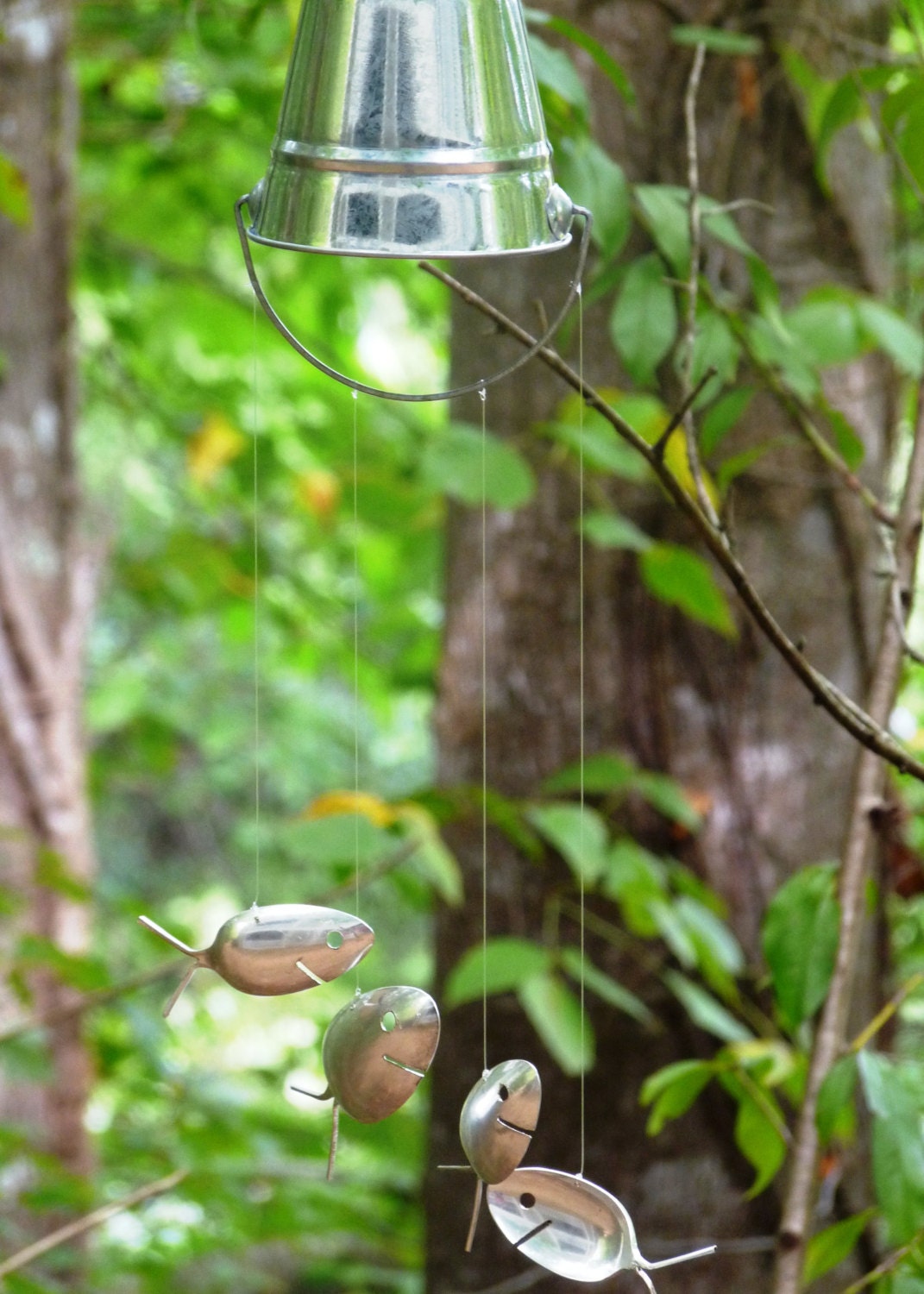 Silver Bait Bucket & Spoon Fish Wind Chime, Vintage Style Flatware