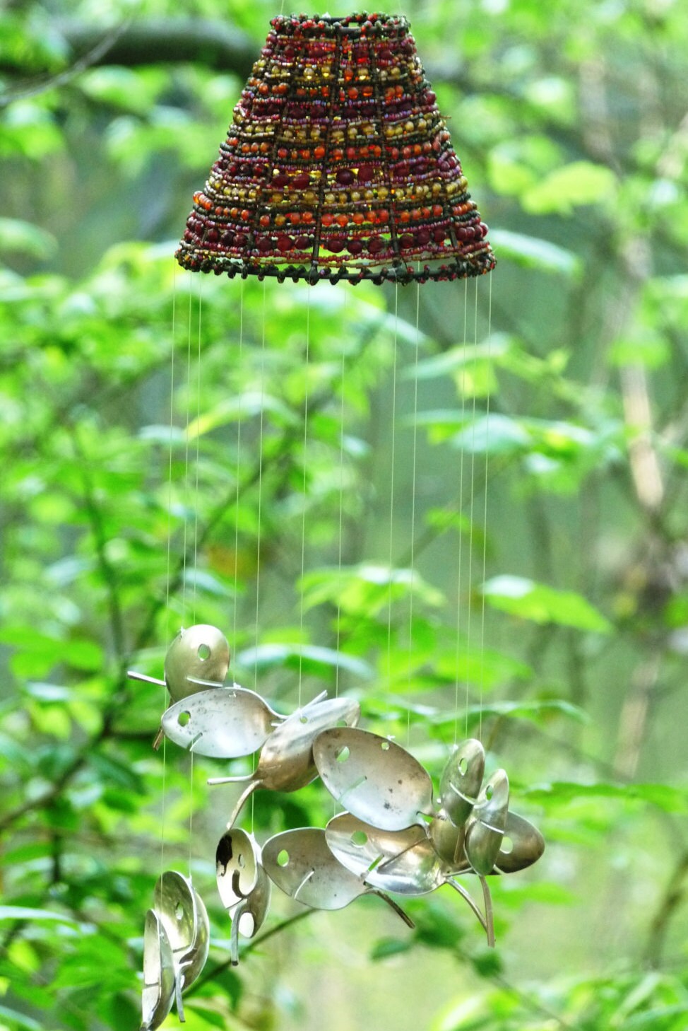 Bronze Metal Brightly Beaded Upcycled Candle Holder & Spoon Fish  Windchime-mothers Day Gift-unique Outdoor Kinetic Art-metal School of Fish  