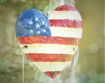 Carillon éolien coeur drapeau américain : cuillère de poisson, décoration patriotique