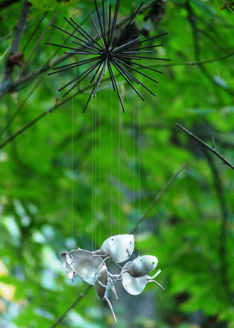Quirky Metal Starburst & Spoon Fish Wind Chime, Rustic Distressed Metal