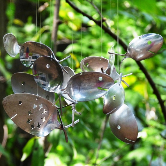 Upcycled Black Metal Jello Mould & Spoon Fish Windchime, Nautical