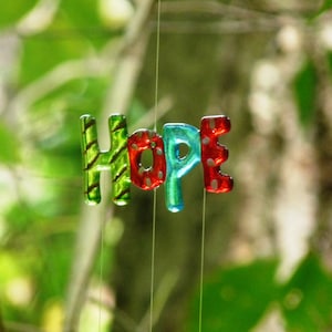 Beautiful Fused Glass HOPE Ornament & Spoon FIsh Windchime, Kitchen Window Words of Wisdom Decoration, Indoor Outdoor Musical Kinetic Mobile