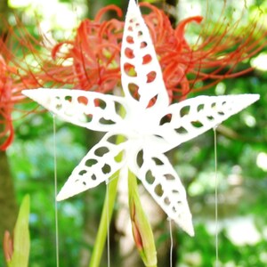 Op de afbeelding: Een witte, stervormige ornament met ingewikkelde uitgesneden ontwerpen hangt voor rode spinnenlelies. De achtergrond is een zacht, wazig groen, wat een natuurlijke buitenomgeving suggereert. Het ornament wordt opgehangen door dunne, bijna onzichtbare draden.