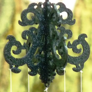 Elegant Black Chandelier Ornament & Spoon Fish Wind Chime-Tranquil Home and Garden Kinetic Wind Sculpture-Entertaining Area Centerpiece Art