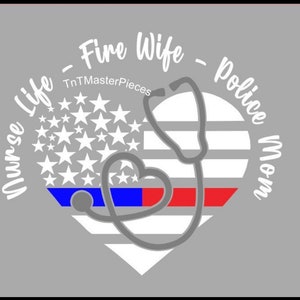 Customizable Thin Blue-Red Line Heart Stethoscope Nurse/With text/nurse Life/fire wife/Police Mom