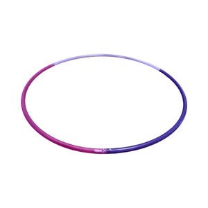 May include: A colorful hula hoop with a gradient design. The hoop transitions from a vibrant pink to a deep purple, with a light purple section in the middle. The hoop is made of a smooth, glossy material.