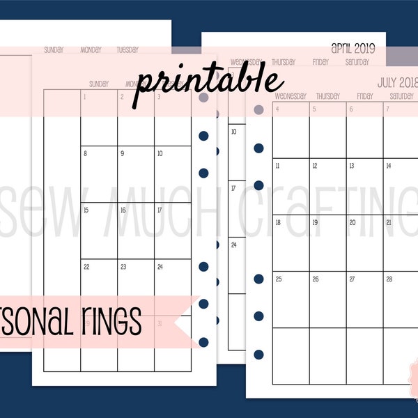 PRINTABLE Personal Size Month on Two Page Inserts (January-December 2024 / Sunday-Saturday)