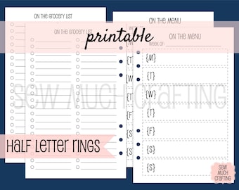 PRINTABLE Half Letter Size Meal Planning & Grocery List Inserts (Monday-Sunday)