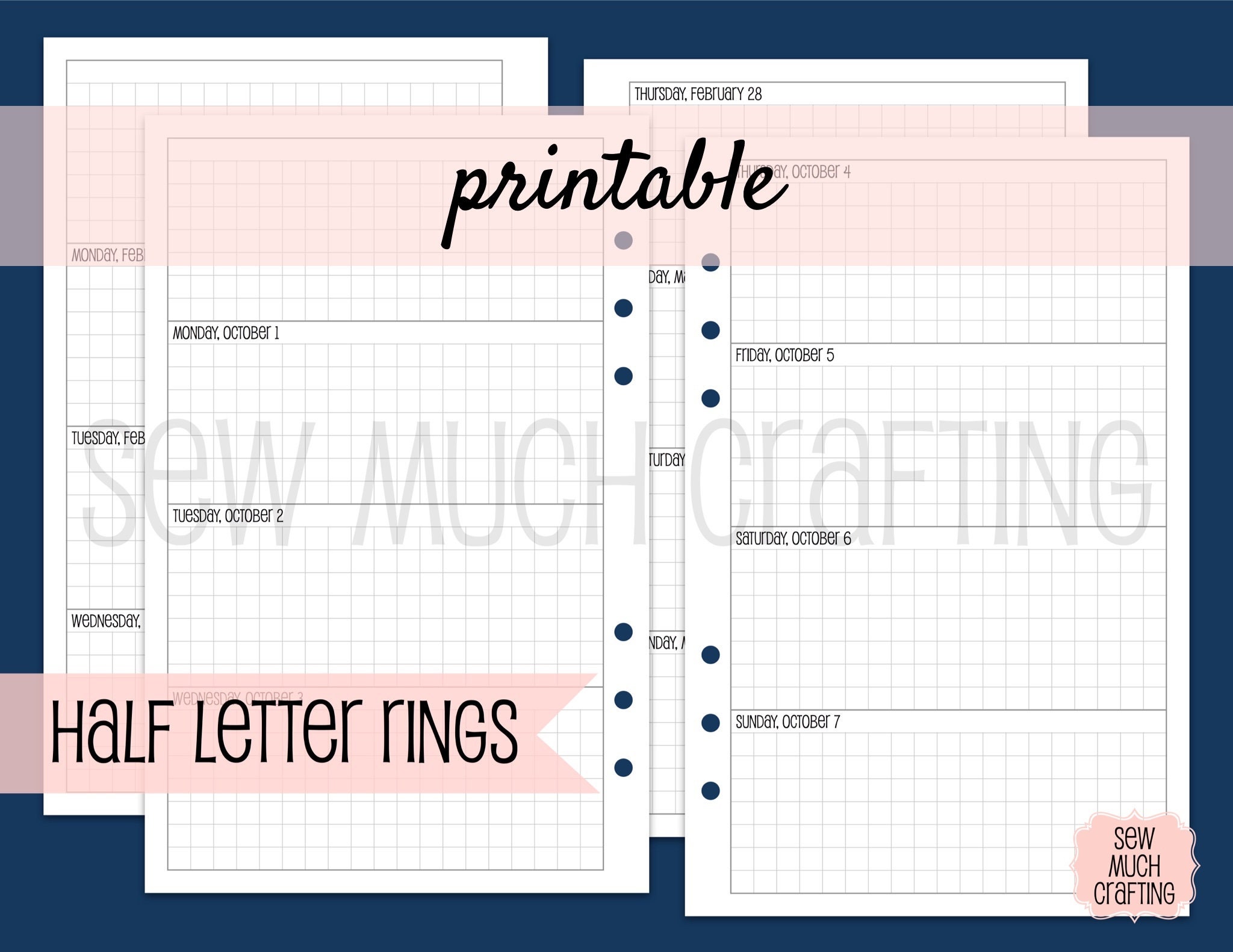 PRINTABLE Half Letter Size Week on Two Pages GRID Horizontal Etsy
