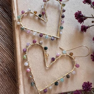 Tourmaline Heart Earrings | Handmade Dangle Earrings | Rainbow Gemstone Statement Jewelry | Wire Wrapped Earrings | Gift for Her