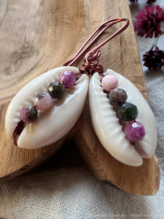 Rainbow Tourmaline Cowrie Shell Earrings Boho Beach Jewelry - Main Image
