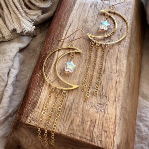 Gold moon earrings with star charm &lt;&gt; Long celestial earrings &lt;&gt; 24k gold plated dangle earrings  &lt;&gt; moon goddess jewelry