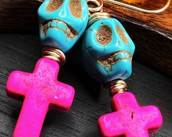 Day of the dead skull earrings <> Dia de los Muertos earrings <> Cross earrings <> Skull jewelry