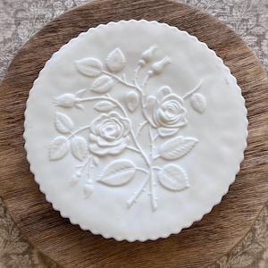 Vintage Imperial Glass Satin Milk Glass Rose Cake Stand | Footed Pedestal Plate | Cottagecore Wedding Decor | French Country Style