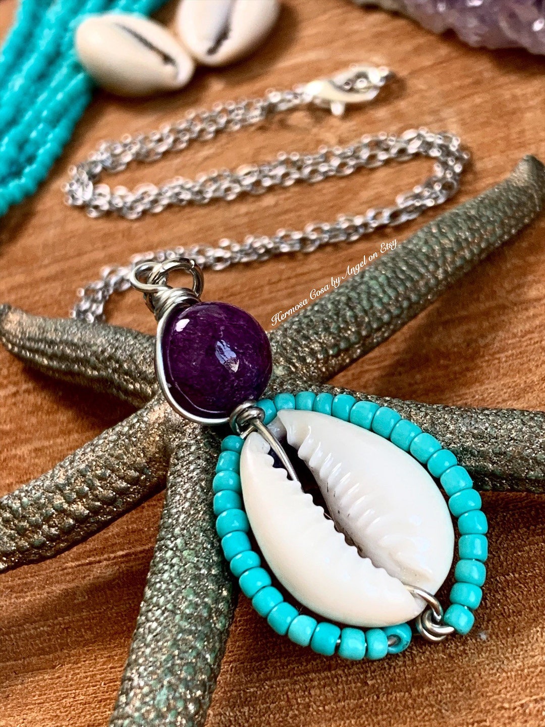 Collier Vintage Longue Crème – Coquillages, Perles Et Fleur Bleue (Bijou Déclaration)