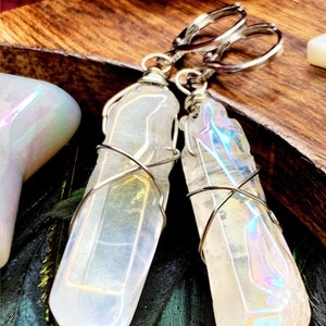 Huggie hoop earrings with quartz crystals &lt;&gt; Wire wrapped quartz &lt;&gt; Crystal hoop earrings