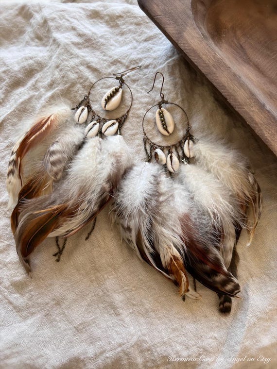 Long Feather Hoop Earrings: Cowrie Shell Boho Earrings