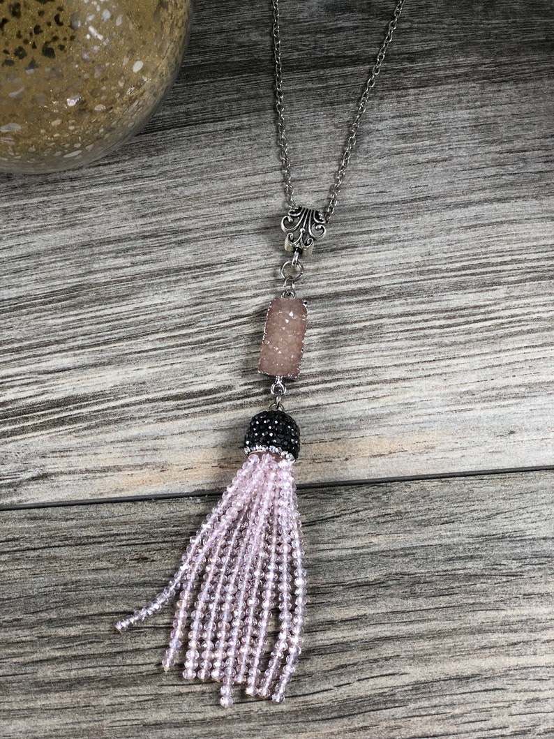Silver Druzy Glass Bead Tassel Necklace