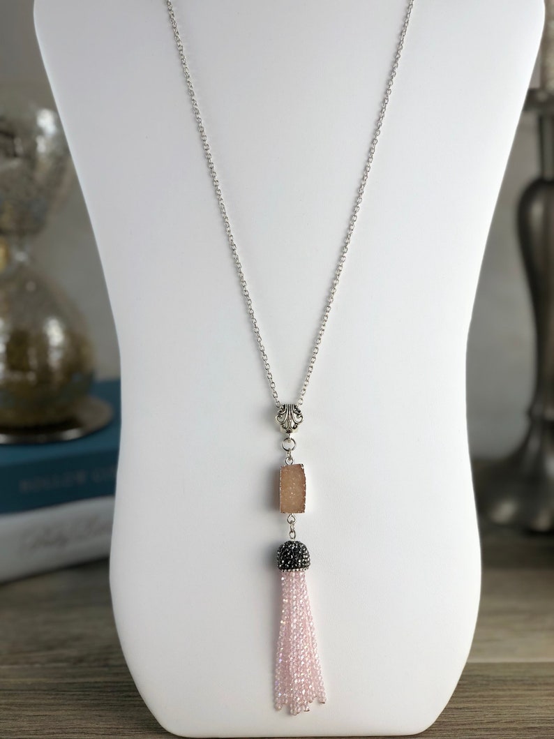 Silver Druzy Glass Bead Tassel Necklace
