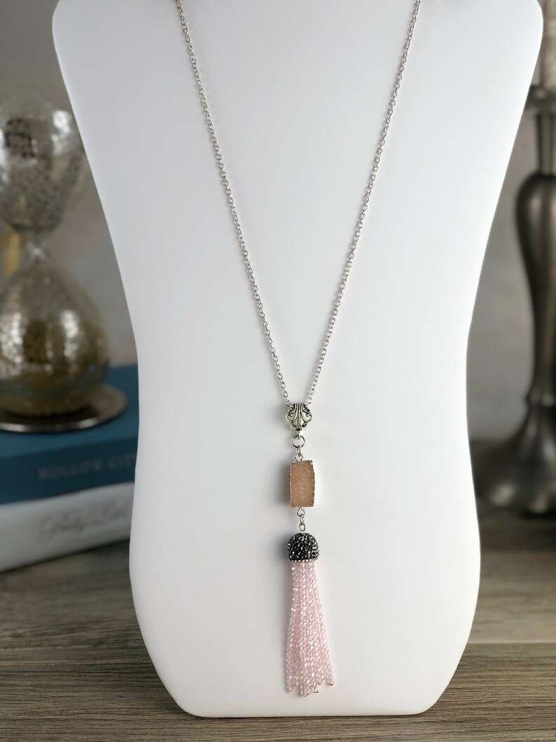 Silver Druzy Glass Bead Tassel Necklace