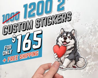 May include: A custom sticker featuring a cartoon husky dog holding a red heart. The sticker is 2 inches in size and is laminated, waterproof, and dishwasher safe. The text on the sticker reads "1200 2" CUSTOM STICKERS".