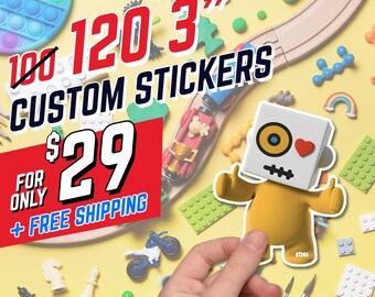 May include: A promotional image for custom stickers. The text reads "120 3" CUSTOM STICKERS" with a price of $29. The image features various colorful toy elements, including a train, a robot figure, and a pop-it toy, all on a yellow background.