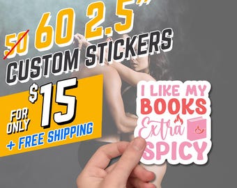 May include: A 2.5-inch custom sticker with the text "I LIKE MY BOOKS Extra SPICY" in pink and red. The sticker features a pink book with a flame. The image also includes text that says "LAMINATED | WATERPROOF & DISHWASHER SAFE".