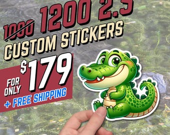 May include: A green cartoon alligator sticker with a smiling expression. The sticker is 2.5 inches in size and is part of a custom sticker set. The image also includes the text "1200 CUSTOM STICKERS" and "LAMINATED | WATERPROOF & DISHWASHER SAFE."