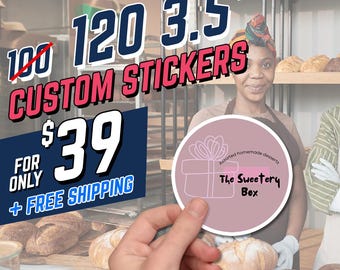 May include: A hand holding a 3.5-inch round sticker with a pink gift box design and the text "The Sweetery Box". The image also displays text that reads "120 Custom Stickers" and "Laminated | Waterproof & Dishwasher Safe".
