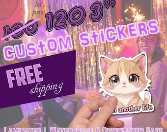 May include: A custom sticker featuring a cartoon cat with large eyes, held in front of a party scene. The sticker is laminated and waterproof. Text includes "CUSTOM STICKERS" and "in another life".