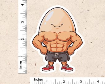May include: A sticker featuring a cartoon egg with muscular arms and torso, wearing gray shorts and red sneakers. The egg has a smiling face and is posed with hands on hips. The sticker is approximately 3 inches tall.