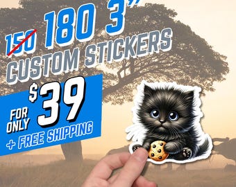 May include: A custom sticker featuring a black kitten with big blue eyes holding a cookie. The sticker is approximately 3 inches in size. The text on the sticker reads "180 3" CUSTOM STICKERS" and "LAMINATED | WATERPROOF & DISHWASHER SAFE."