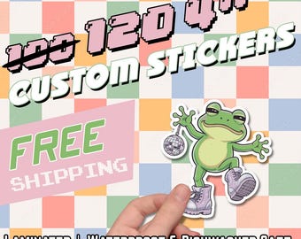 May include: A sticker featuring a green frog with a disco ball, wearing purple boots. The image includes the text "CUSTOM STICKERS" and "FREE SHIPPING". The background is a checkered pattern of pastel colors.