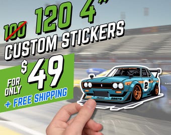 May include: A custom sticker featuring a teal and orange race car design. The sticker is 4 inches in size and has the text "120 CUSTOM STICKERS". The sticker is laminated, waterproof, and dishwasher safe.